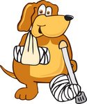 Gezeichneter Hund mit Verletzungen und einem Gehstock